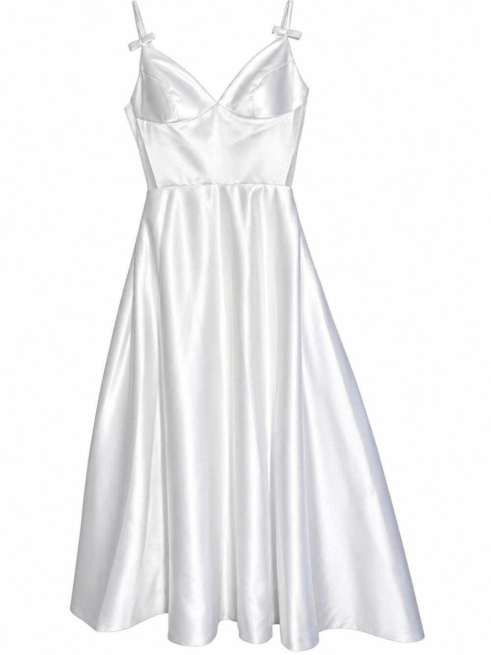 White Satin A-Line Wedding Dress V-Neck Bow Straps Mesh Bodice